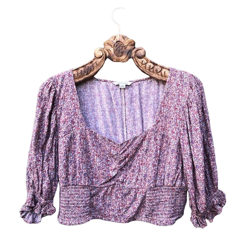 American Eagle Cottage Core Peasant Top Puff Sleeve Floral Crop Top Large